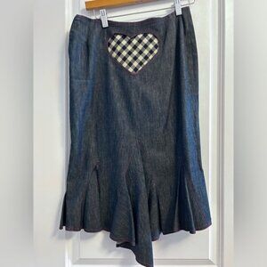 Y2K denim fishtail skirt with snap out heart detail in back